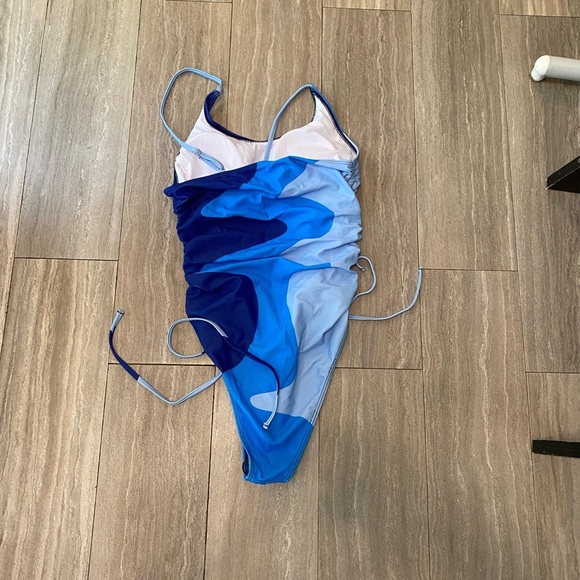 Shein Color Block Size S  Blue one piece swimsuit NWOT Drawstring Side Boho - Picture 4 of 5